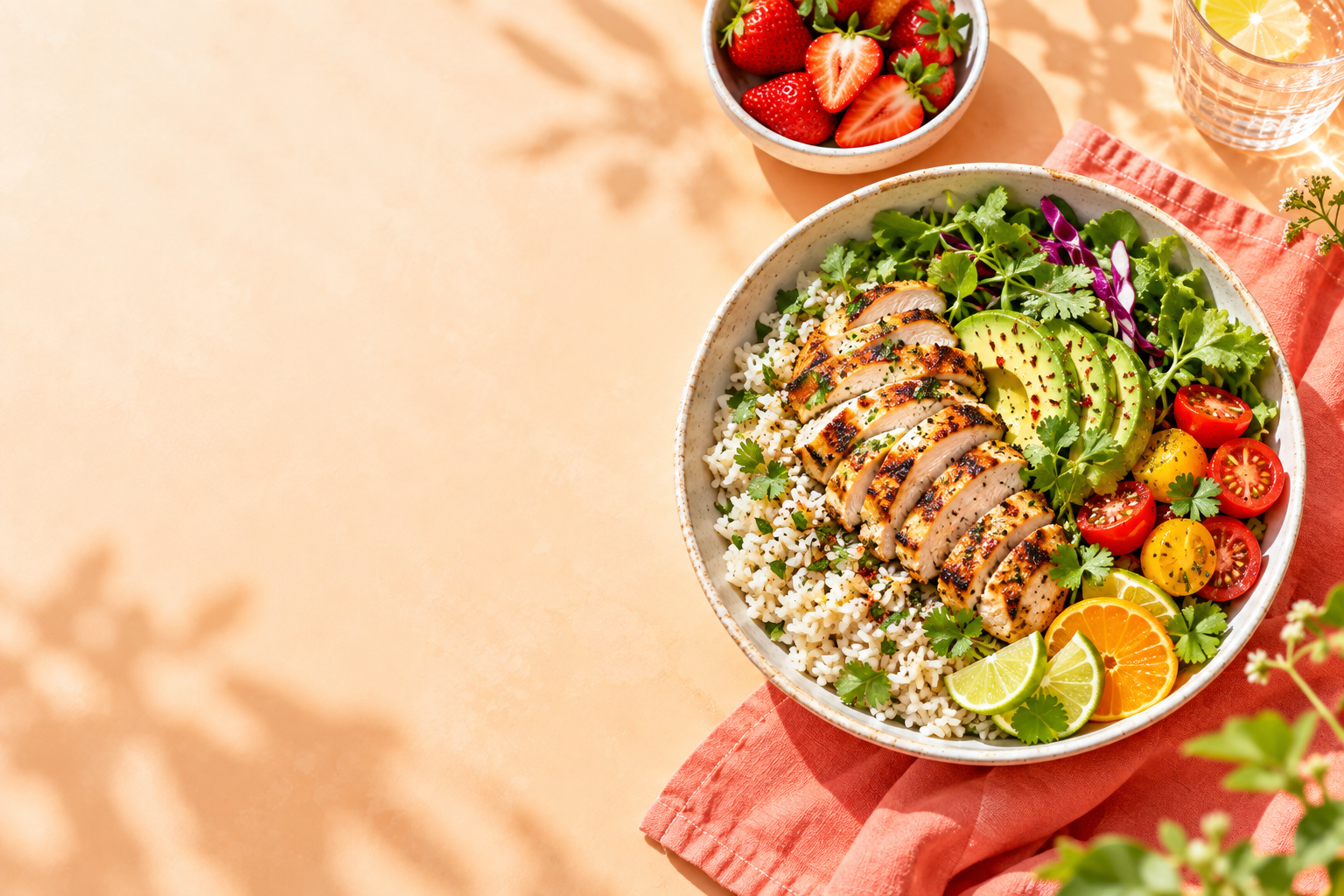 Colorful gluten-free chicken, rice and vegetable bowl with fruit